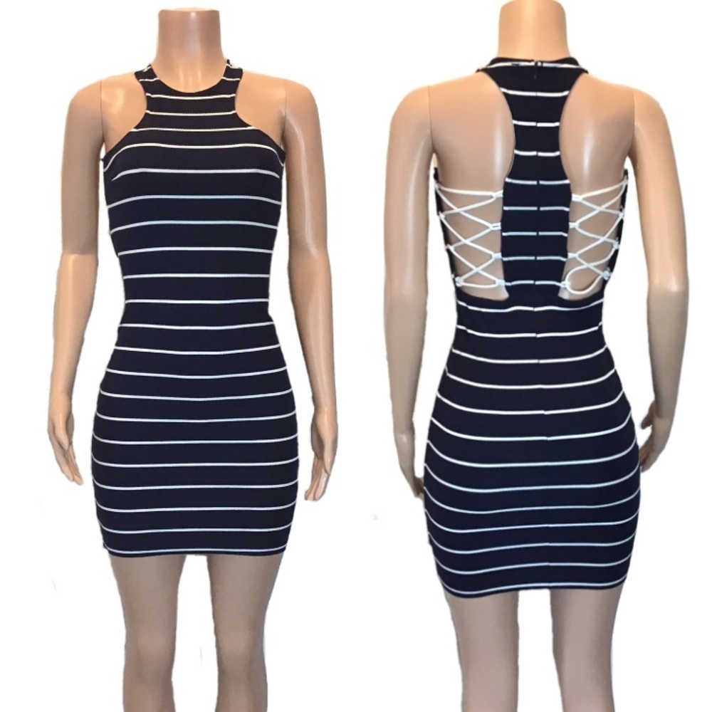 Love Culture Navy Blue Striped Sleeveless Lace up Side Bodycon Dress Size Medium